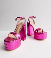 New Look Bright Pink Faux Croc Platform Block Heel Sandals